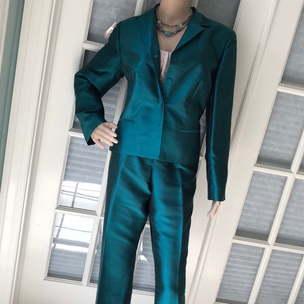 Ann Taylor teal silk suit jacket & pants